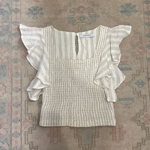 Striped Linen Olivaceous Smocked Top